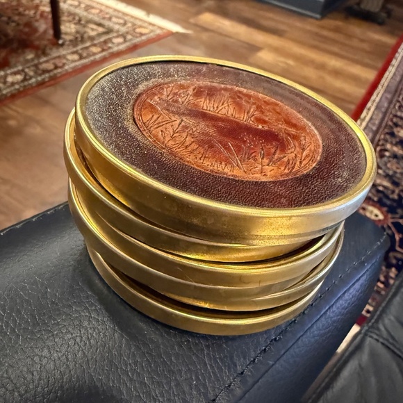 Vintage Leather & Brass Coaster Set (Set of 7) Embossed Duck Images - Picture 8 of 14